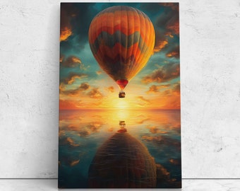 Hot Air Ballon Reflection At Sunset Canvas Print, Ready To Hang Canvas, Bright Vibrant Colors