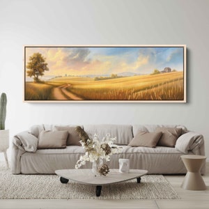 Minimalistic Rural Countryside Panoramic Landscape Wall Art Canvas Print, Farmhouse In Wheat Field, Country Sunset, Ready To Hang