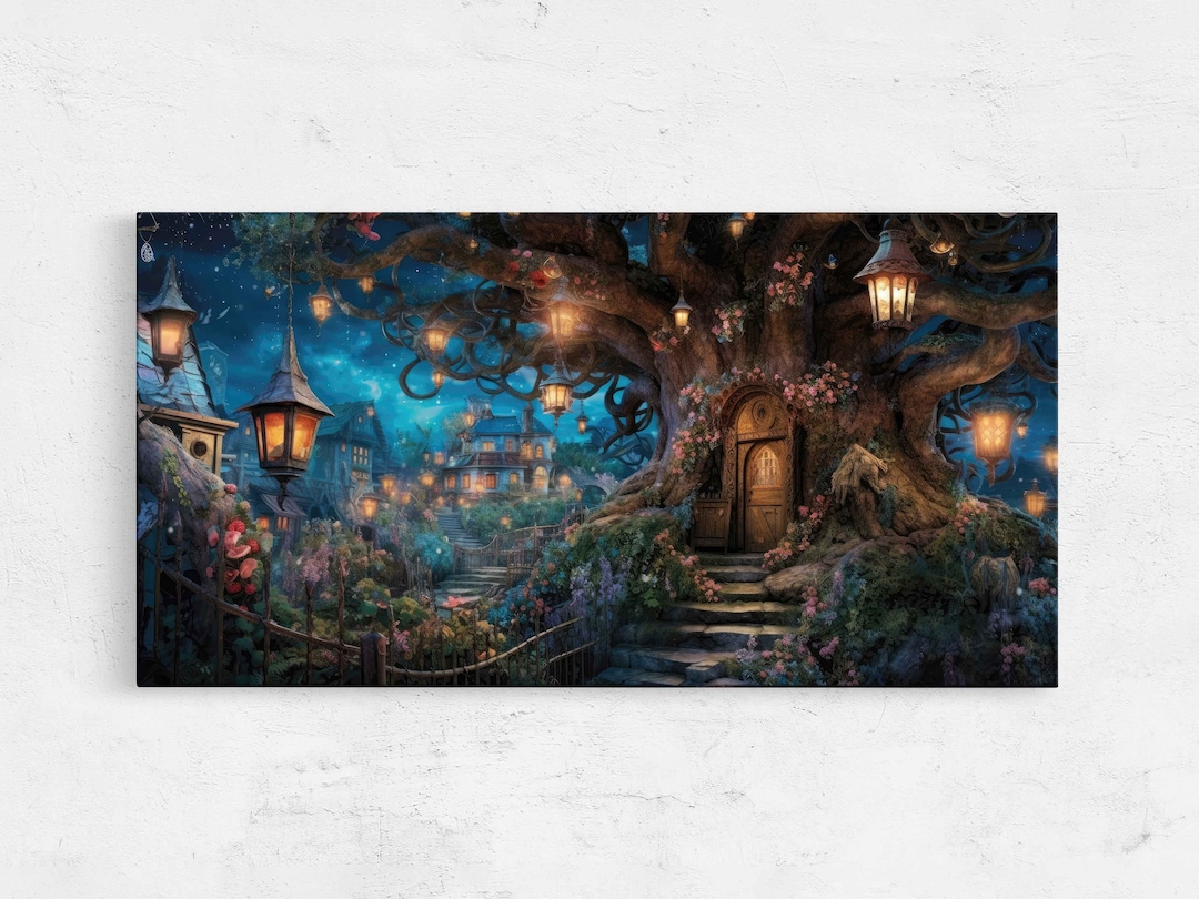 Whimsical Enchanted Treehouse Wall Art, Framed Canvas Print, Ready to