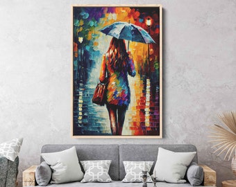 Woman With Umbrella | Colorful Palette Knife Art Print | Vibrant Colors | Digital Print On Canvas