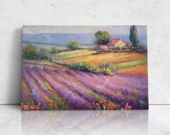 Lavender Field Farm Oil Painting, Impressionist Art, Digital Print On Canvas, Framed Canvas, Ready To Hang