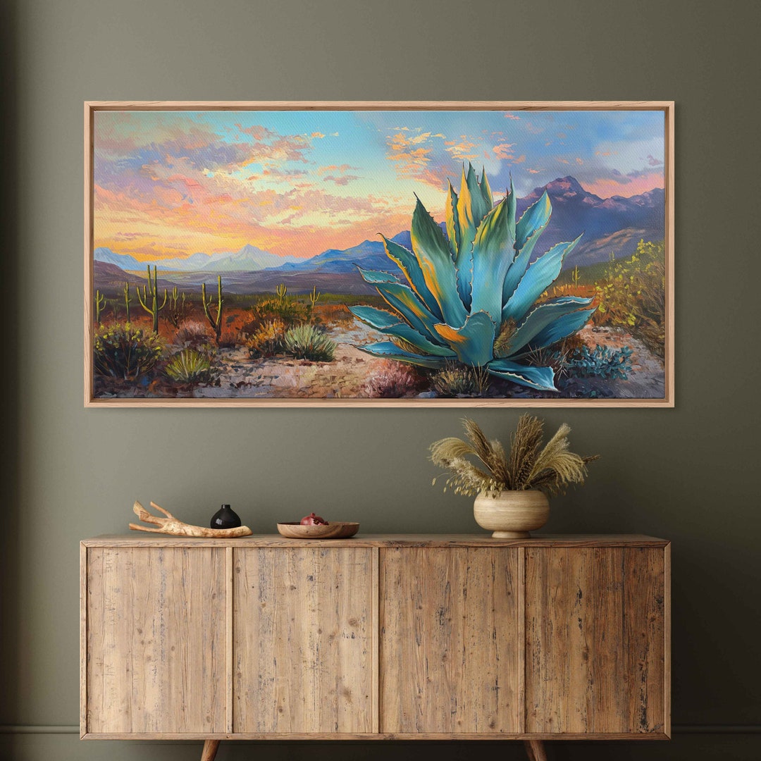 Agave Plant in Desert Wall Art Canvas Print, Oil Painting, Sunset in ...