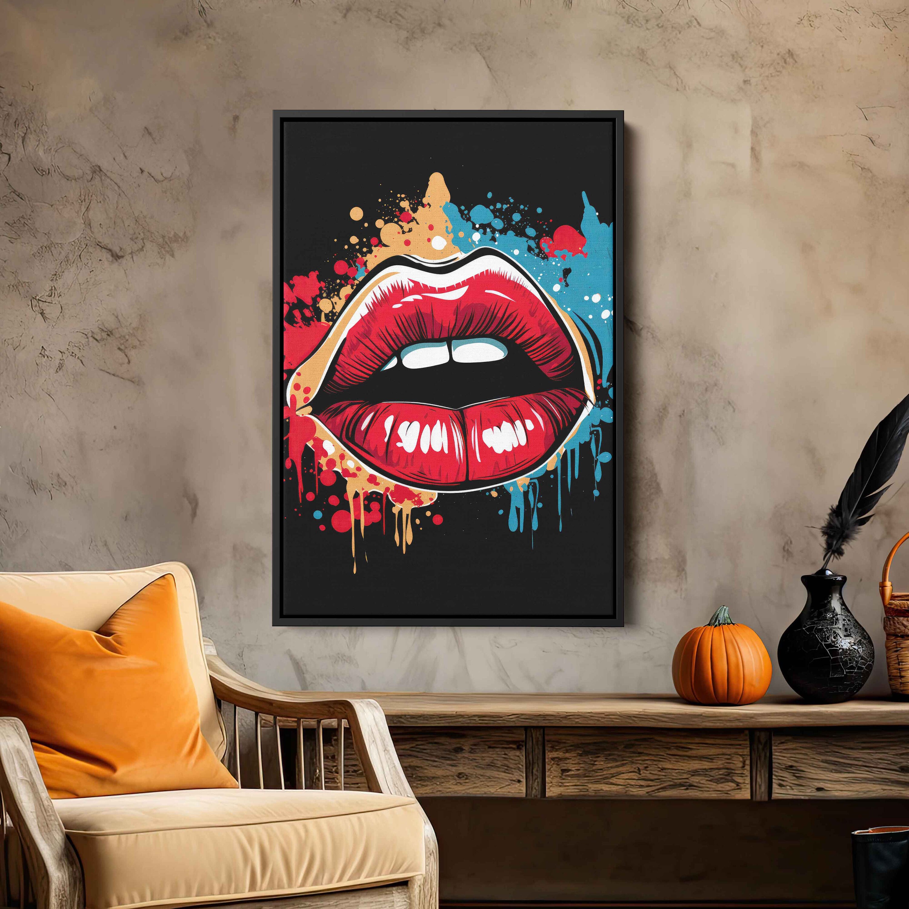 Colorful Pop Art Lips, Paint Splash Wall Art, Framed Canvas Print