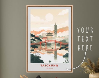 May include: A framed print of a stylized illustration of a cityscape with a pagoda, bridge, and water reflection. The text "Taichung, Taiwan" is at the bottom of the print.