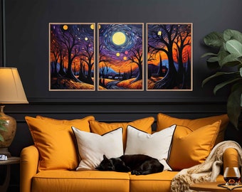 Starry Night Halloween Painting, 3 Piece Triptych Canvas Wall Art Print, Colorful Skies, Palette Knife, Autumn Art