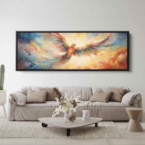 Colorful Phoenix Watercolor Wall Art Canvas Print, Panoramic Greek Mythology Pastel Bird, Ready To Hang