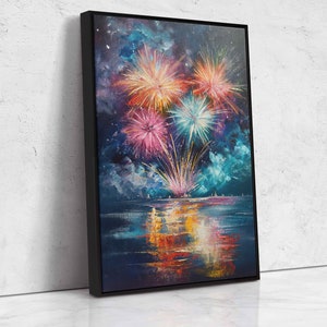 Exploding Fireworks Over Water Wall Art Canvas Print, Colorful Explosions In Sky, Ready To Hang image 2