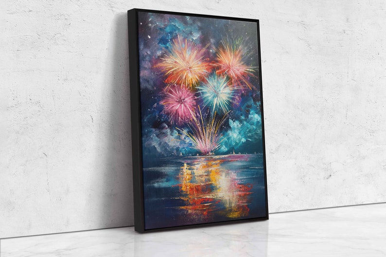 Exploding Fireworks Over Water Wall Art Canvas Print, Colorful Explosions In Sky, Ready To Hang image 2