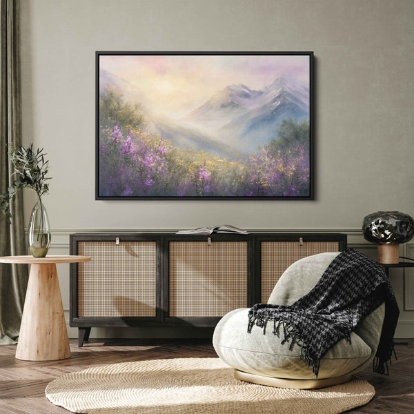 Sun Shining Over Snowy Mountain Range Wall Art Canvas Print, Wildflower Valley In Mountains, Ready To Hang