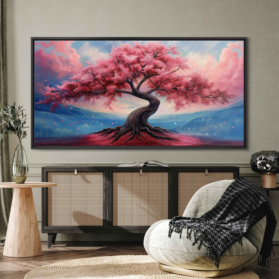 Vibrant Cherry Blossom Tree, Cloudy Blue Sky, Vivid Color, Canvas Wall ...