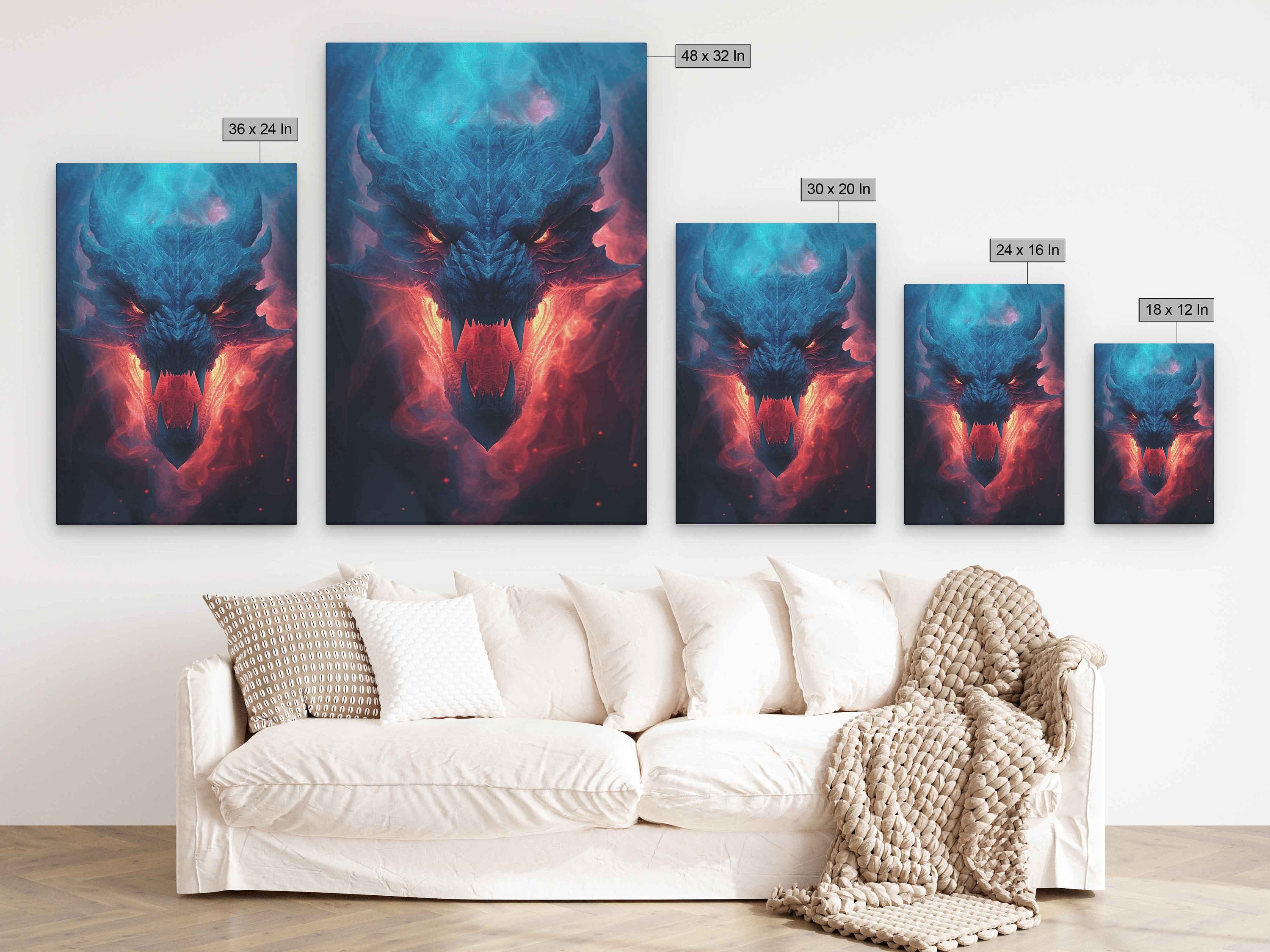 Fire Breathing Dragon Head Wall Art Print, Framed Canvas Print, Office ...