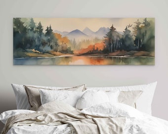 Colorful Panoramic Watercolor Landscape, Forest Mountains And Lake, Digital Print On Canvas, Ready To Hang, Guest Room Decor, Office Decor