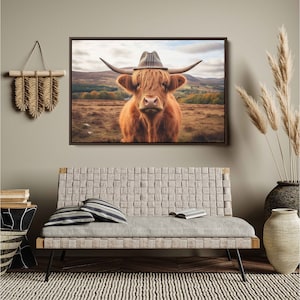 Highland Cow Wearing Hat, Canvas Wall Art, Framed Canvas, Ready To Hang, Rustic Wall Art