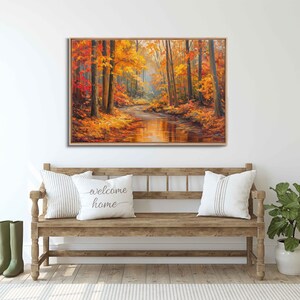 Autumn Forest With Gentle Flowing Stream Oil Painting Wall Art Canvas Print, Fallen Leaves, Fall Foliage, Forest Poster, Ready To Hang