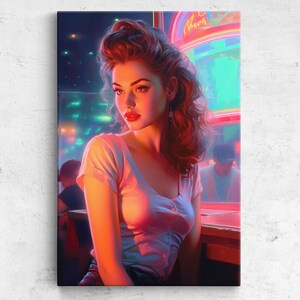 Retro Canvas Print Of Woman In Neon Bar, Framed Canvas Print, Ready To Hang