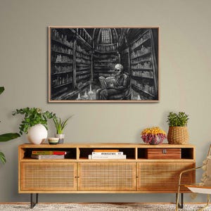 Skeleton in Library Reading by Candlelight Ink Art Painting Wall Art ...