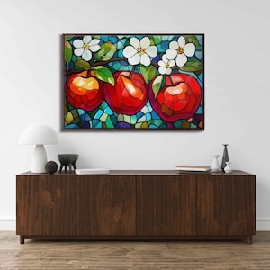 Mosaic Apples And Flowers Wall Art Canvas Print, Gift For Her, Fruit Painting, Floral Wall Art, Kitchen Art, Ready To Hang
