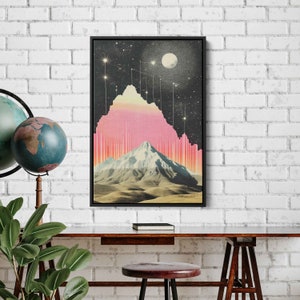 May include: A digital art print featuring a mountain range with a pink and orange gradient sky. The mountain range is surrounded by stars and a crescent moon.
