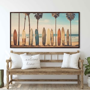 Vintage Surfboards Resting On Palm Trees Wall Art Canvas Print, Surfer Vibes, Chill Beach Life, Ready To Hang