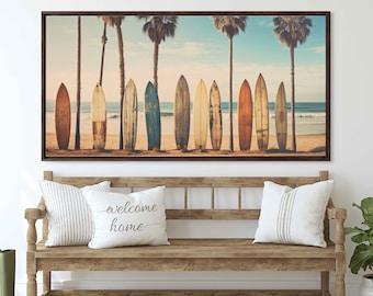Vintage Surfboards Resting On Palm Trees Wall Art Canvas Print, Surfer Vibes, Chill Beach Life, Ready To Hang