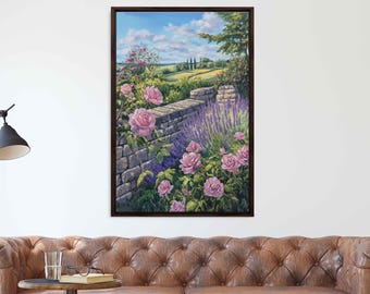 May include: A painting of a stone wall with pink roses and lavender flowers in a garden setting. The background shows a rolling green hillside with trees and a blue sky with white clouds.