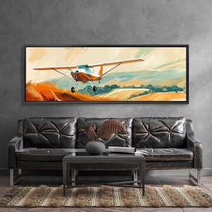 Small Hobby Plane Over Countryside Wall Art Canvas Print, Aviation Painting, Airplane Art, Vivid Sky, Gift For Pilot, Ready To Hang