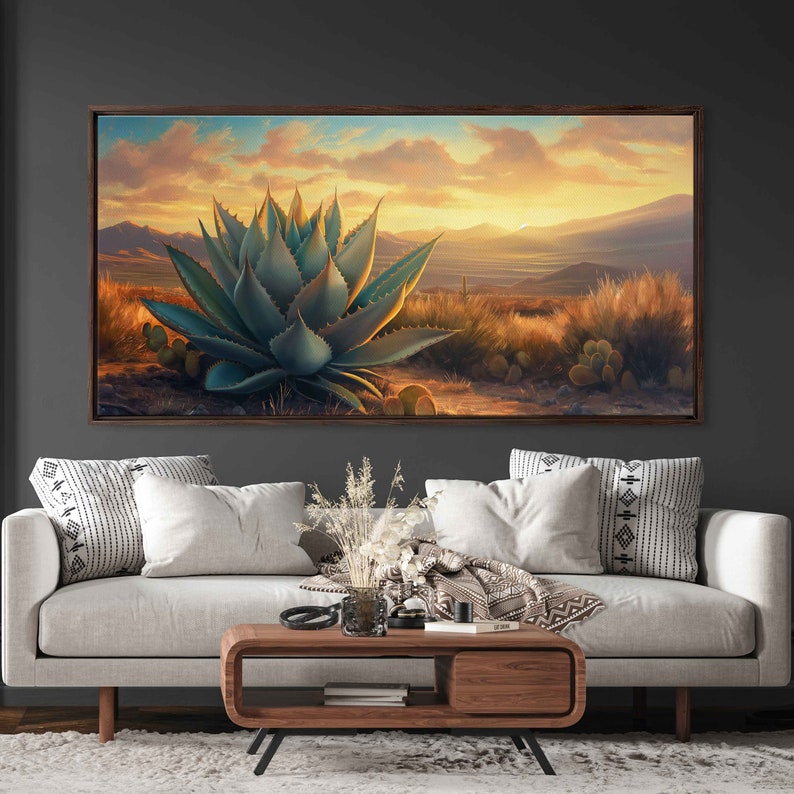 Agave Plant in Desert Wall Art Canvas Print, Oil Painting, Sunset in ...