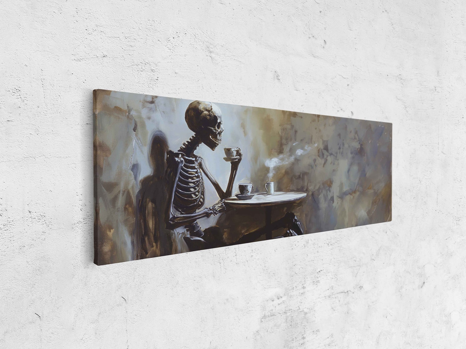 Skeleton Making Tea Skeleton Having A Cup of Tea at Small Table Whimsical Oil Painting Wall ...
