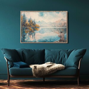 Man Fishing Off Lake Shore Wall Art Canvas Print, Gift For Fisherman, Calm Waters, Nature Lover, Beautiful Landscape
