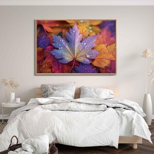 Dew-Kissed Autumn Maple Leaf, Wall Art Canvas Print, Vibrant Colors, Nature Photography