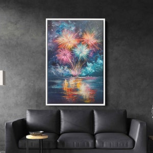 Exploding Fireworks Over Water Wall Art Canvas Print, Colorful Explosions In Sky, Ready To Hang image 7