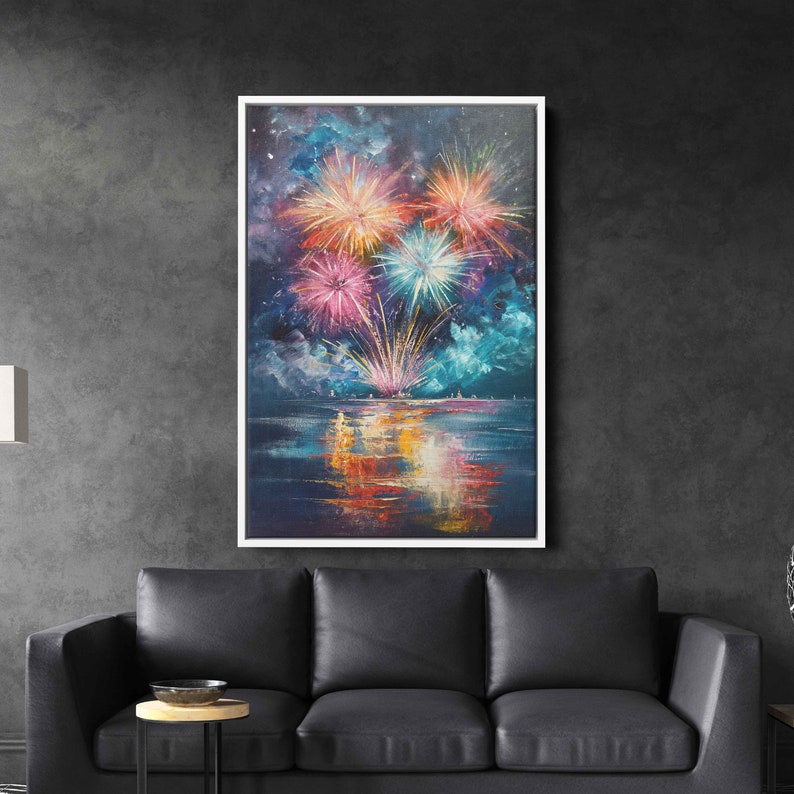 Exploding Fireworks Over Water Wall Art Canvas Print, Colorful Explosions In Sky, Ready To Hang image 7