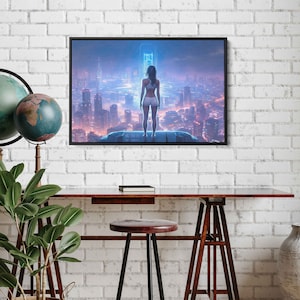 Woman Overlooking Vast Cyberpunk City, Framed Canvas Print, Ready To Hang, Colorful Cityscape, Game Room Decor