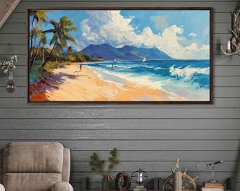 Surfers Catching Waves Off Tropical Island Beach Wall Art Canvas Print, Gift For Surfer, Blue Water, Ready To Hang