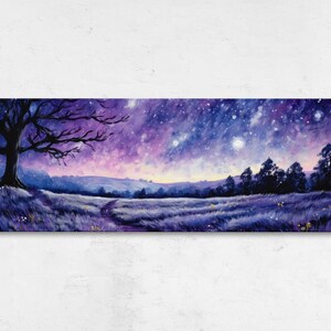 Pintura panorámica colorida del campo de lavanda, impresión de reproducción de lienzo, listo para colgar, cielo nocturno estrellado