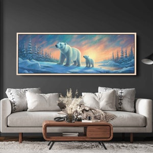 Polar Mama Bear And Cub Panoramic Oil Painting, Northern Lights, Framed Canvas Print, Ready To Hang, Aurora Borealis, Living Room Decor