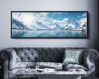 Serene Lakeside Mountain Range, Panoramic Wall Art, Lake And Snowy Mountains, Framed Canvas Print, Ready To Hang