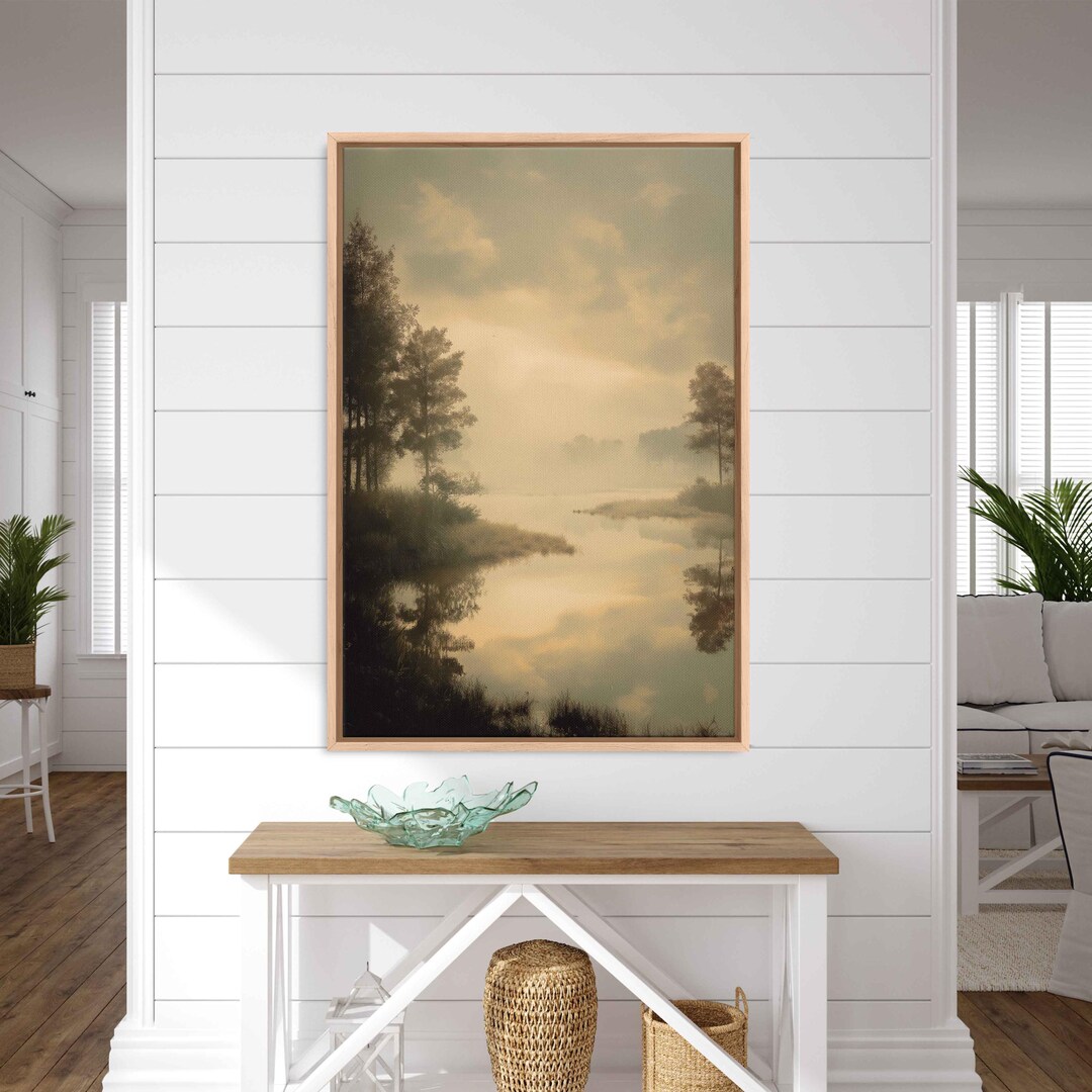 Tranquil Lake at Dawn, Wall Art Canvas Print, Misty Landscape ...