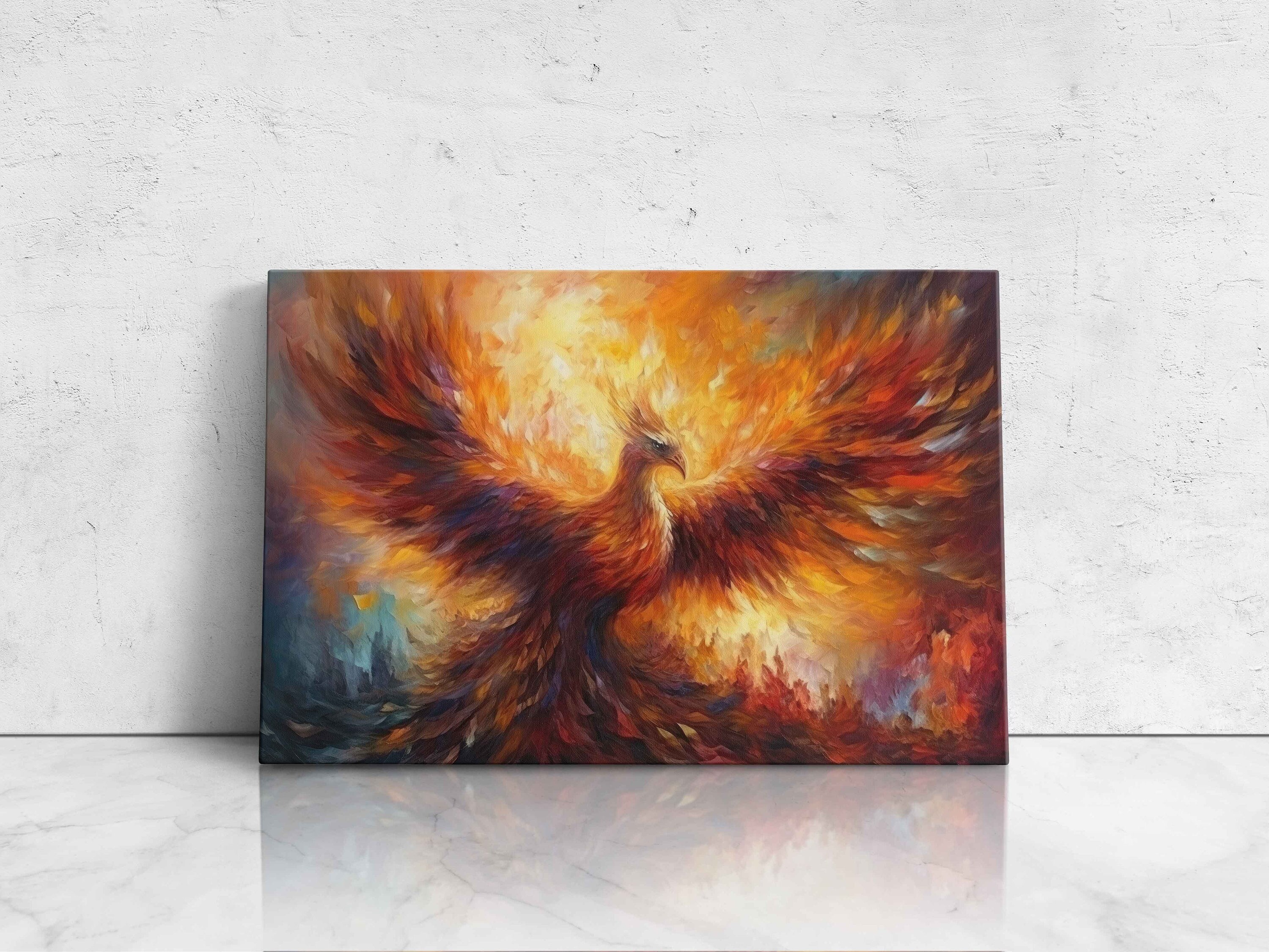Oil Painting of A Phoenix Spreading Its Wings, Beautiful Painting