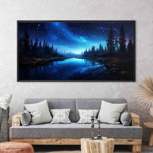 Glowing Night Sky Landscape Overlooking Woods Wall Art Canvas Print, Peaceful Flowing River, Celestial Reflection, Ready To Hang