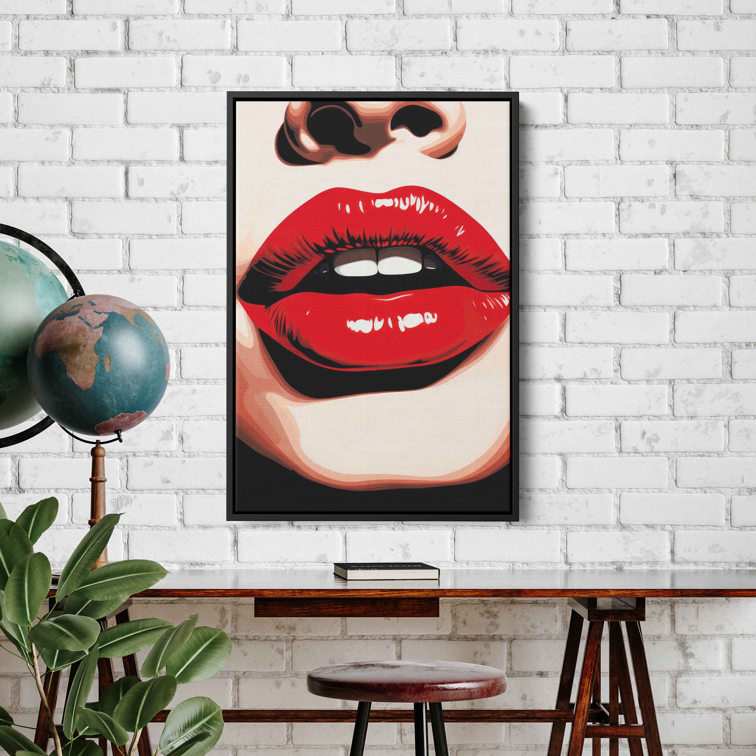 Pop Art Red Lips Digital Painting, Framed Canvas Print, Ready to
