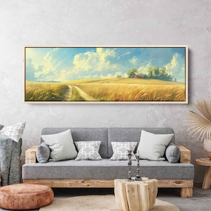 Minimalistic Rural Countryside Panoramic Landscape Wall Art Canvas Print, Farmhouse In Wheat Field, Country Sunset, Ready To Hang