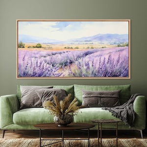 Watercolor Lavender Field Wall Art Canvas Print, Beautiful Floral Fields, Background Mountain Range