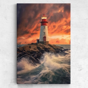 May include: A white and red lighthouse stands on a rocky outcropping with crashing waves in the foreground. The sky is a dramatic orange and red with dark clouds.
