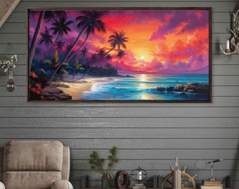 Colorful Tropical Beach Sunset Oil Painting, Beautiful Bright Colors, Framed Canvas Print, Ready To Hang, Bright Warm Sunset