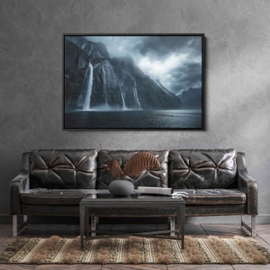 Cascading Waterfalls At Fiordland National Park Vista During Rainstorm Wall Art Canvas Print, Cloudy Skies, Ready To Hang