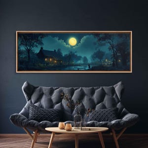 Dreamy Night Scene, Wall Art Canvas Print, Glowing Full Moon in Tranquil Village