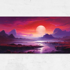 May include: A digital painting of a fantasy landscape with a large, bright red sun setting over a river and mountains. The sky is a vibrant pink and purple, and the mountains are a deep purple.