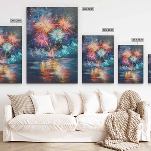Exploding Fireworks Over Water Wall Art Canvas Print, Colorful Explosions In Sky, Ready To Hang image 6