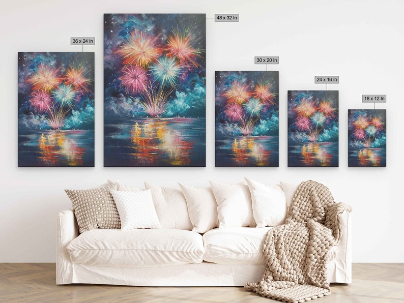 Exploding Fireworks Over Water Wall Art Canvas Print, Colorful Explosions In Sky, Ready To Hang image 6